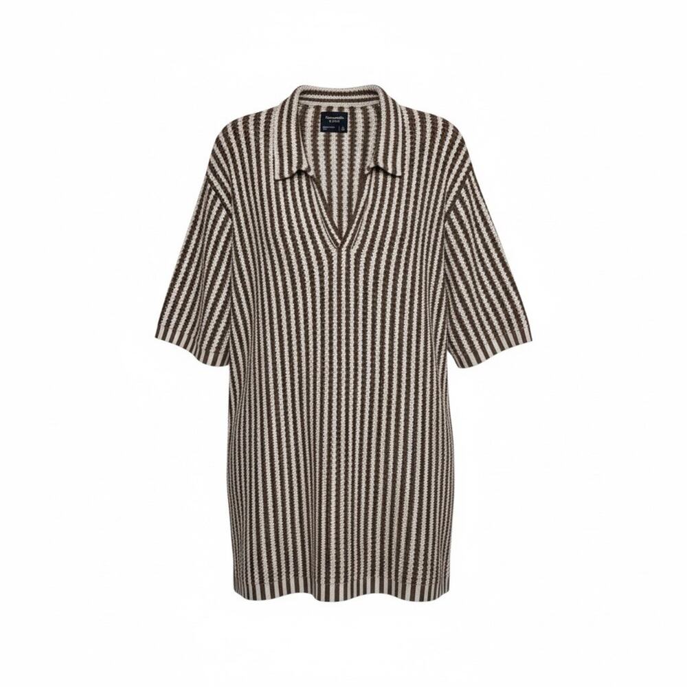 Abercrombie & Fitch Striped Open Knit Collared Sweater Brown Cream V-Neck Size L